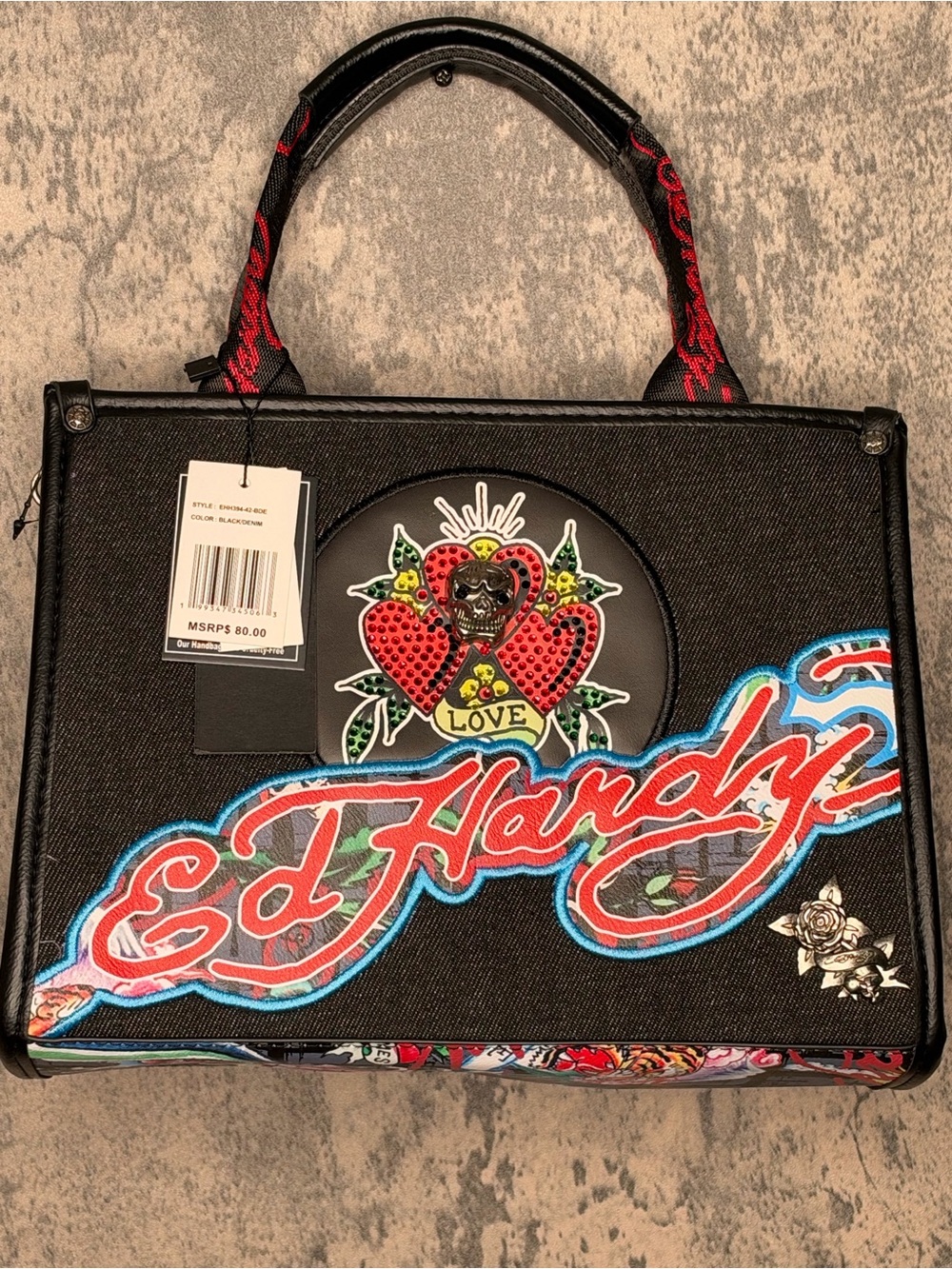 Ed Hardy Black Tote with Red and Blue Graphic Logo